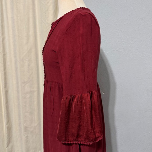 Knox Rose Women Burgundy Lace Front Bell Sleeve Boho Peasant Cottagecore Dress M - Picture 10 of 13